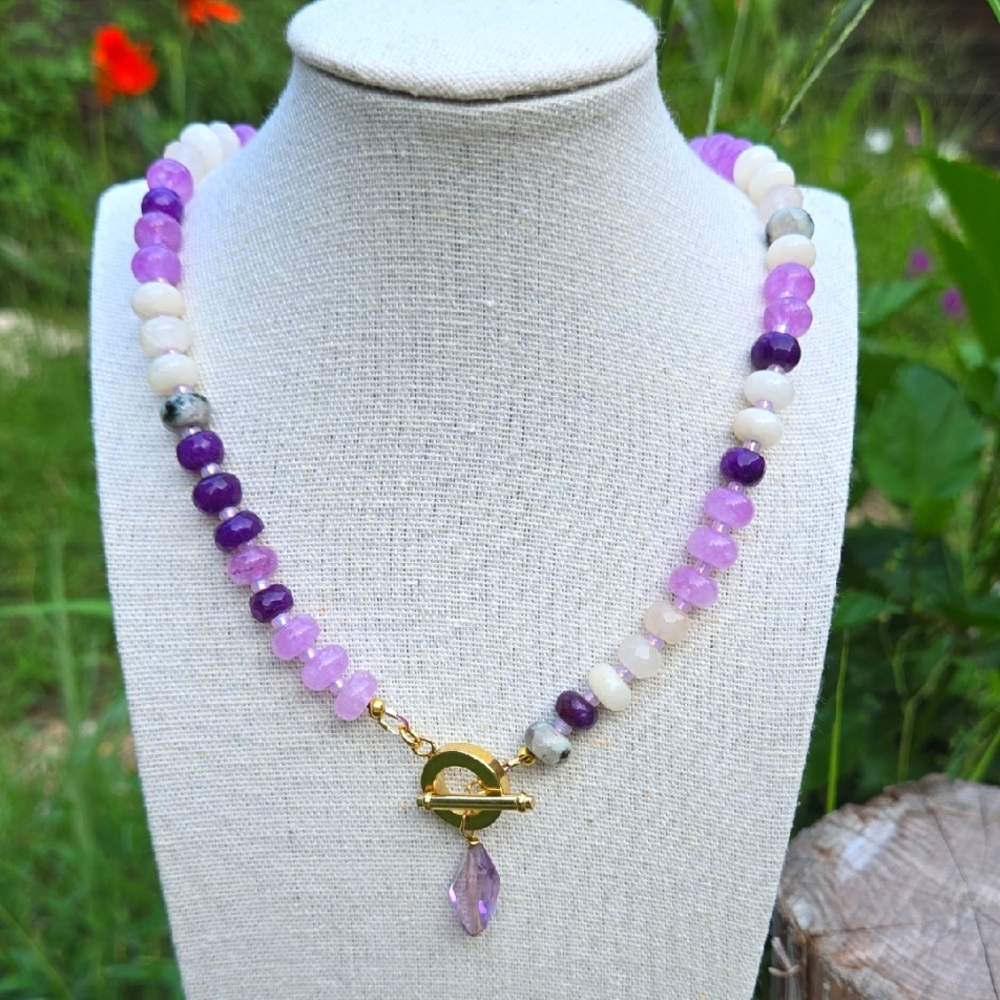 Amethyst Gemstone Goldtone Toggle Necklace. Purple Jade Moonstone Rondelle 17"